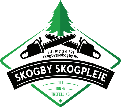 Logoen til Skogby Skogpleie: gran over to motorsager, «Alt innen trefelling»
